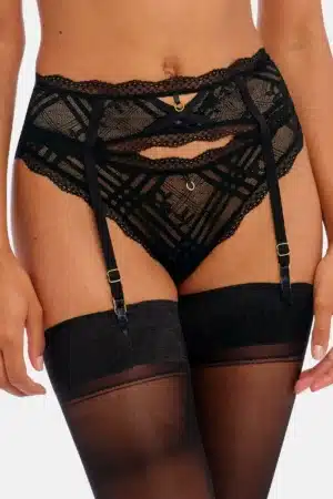 Freya Fatale Suspender in geo floral lace with keyhole and gold detailing